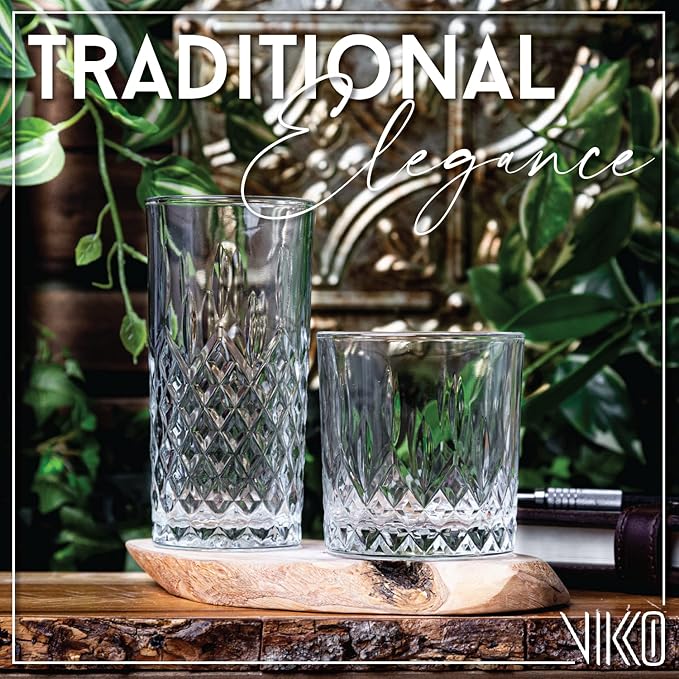 Vikko Rock and Tumbler Set, 12 Piece Set of Elegant Glasses, 6 Tall 12.25 Ounce Glasses and 6 Short 11.25 ounce Whiskey Glasses