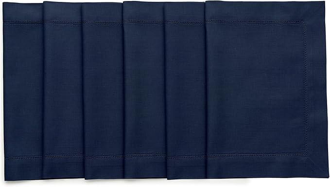 Solino Home Navy Blue Placemats Set of 6 - Cotton Linen Hemstitch Placemats 14 x 19 Inch for Holiday, Winter, New Year