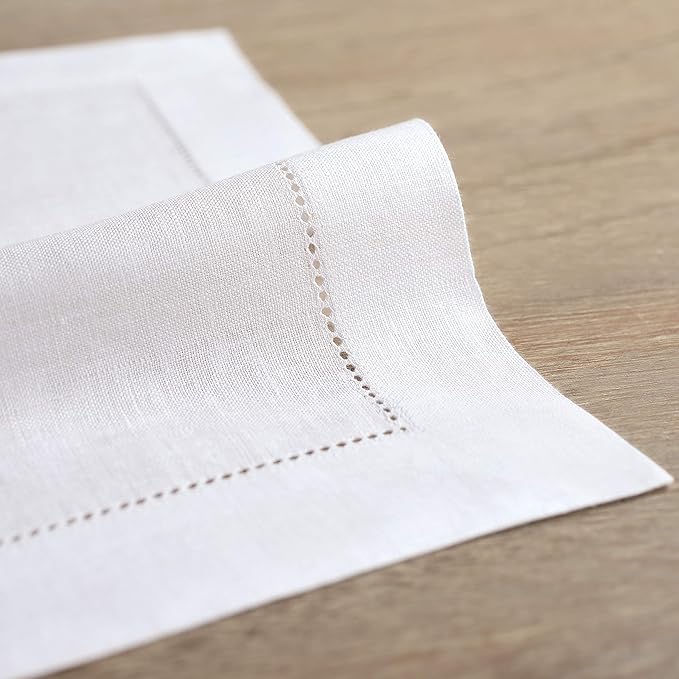 Solino Home White Linen Napkins Set of 6-100% Pure Linen Hemstitch Dinner Napkins 20 x 20 Inch for Winter, Valentines, Holiday, New Year - Classic Hemstitch