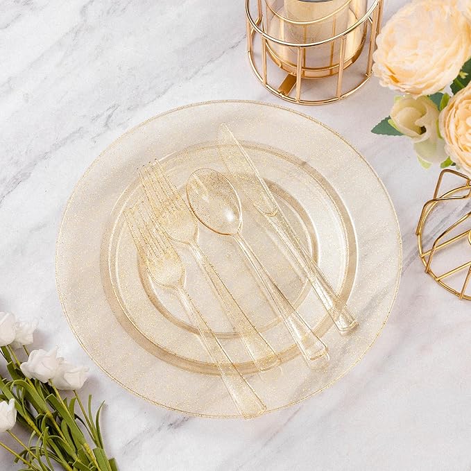 Goodluck 600 Piece Gold Glitter Disposable Plates for 100 Guests, Plates for Party, Wedding, Dinnerware Set of 100 Dinner, 100 Salad Plates, 100 Spoons, 100 Forks, 100 Knives, 100 Cups
