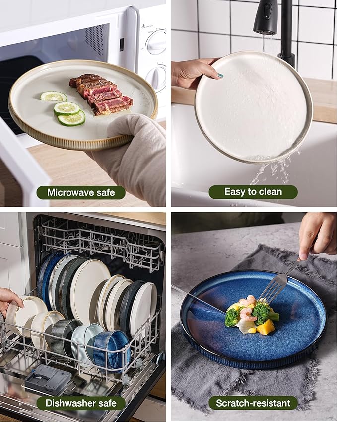 Famiware Star Dinnerware Set with Pasta Bowls, Service for 6 (24 Pieces), Ribbed Stoneware Plates and Double Bowls Sets - Chip & Scratch Resistant, Microwave & Dishwasher Safe Dishes, Cappuccino White