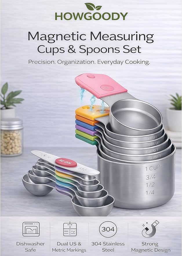 Magnetic Measuring Cups and Spoons Set304 Stainless Steel Dual Scale Set of 15, Strong N52 Magnetic Nesting Design with Leveler, for Dry&Liquid Ingredients, Dishwasher Safe(Colorful)