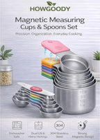 Magnetic Measuring Cups and Spoons Set304 Stainless Steel Dual Scale Set of 15, Strong N52 Magnetic Nesting Design with Leveler, for Dry&Liquid Ingredients, Dishwasher Safe(Colorful)