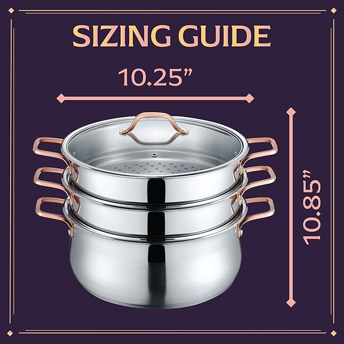 CONCORD Premium Stainless Steel 3 Tier Steamer w/Rose Gold Handles 26 cm