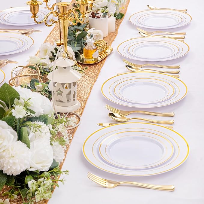 I00000 200 Pcs Gold Plastic Plates - Disposable Party Plates Include 100 Dinner Plate and 100 Elegant Dessert Plate Perfect for Party, Holiday, Wedding & Birthday