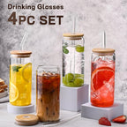 DWTS DANWEITESI Glass Cups “20oz”,Glass Cups with Lids and Straws 4 pcs-Coffee Cups,Drinking Glasses Set,Glass Tumbler with Straw and Lid Gift 2 Cleaning Brushes