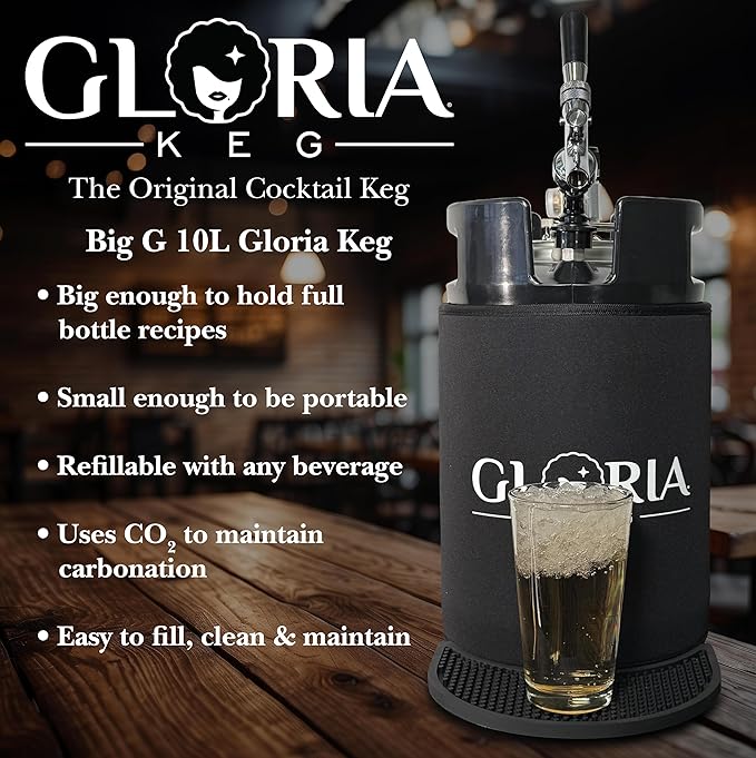 Gloria 10L (2.6 Gal) Mini Keg, Pressurized Keg for Drinks, with Tap System, Co2 Regulated, Stainless Steel