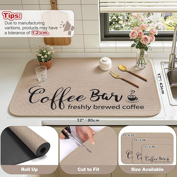 Findosom Dish Drying Mat, 17"x 32" Super Absorbent & Hide Stain Coffee Mat, Cuttable Drying Mat for Kitchen Counter, Coffee Bar Accessories, Under Dish Rack, Coffee Maker, Espresso Machine, Linen