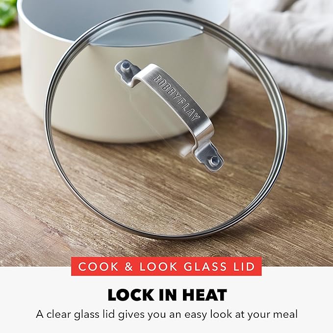 GreenPan x Bobby Flay 2.5QT Nonstick Saucepan with Glass Lid, PFAS-Free Diamond Ceramic, Induction Suitable, Stay-Cool Silicone Handle, Easy Clean Dishwasher & Oven Safe, Chef Pan, Cream