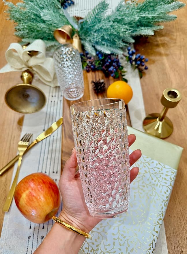 KLIFA- ASPEN- 17.6 ounce, Set of 6, Acrylic Vintage Drinking Glasses, Shatter-proof Highball, BPA-Free, Stackable Plastic Drinkware, Dishwasher Safe Cups, Clear