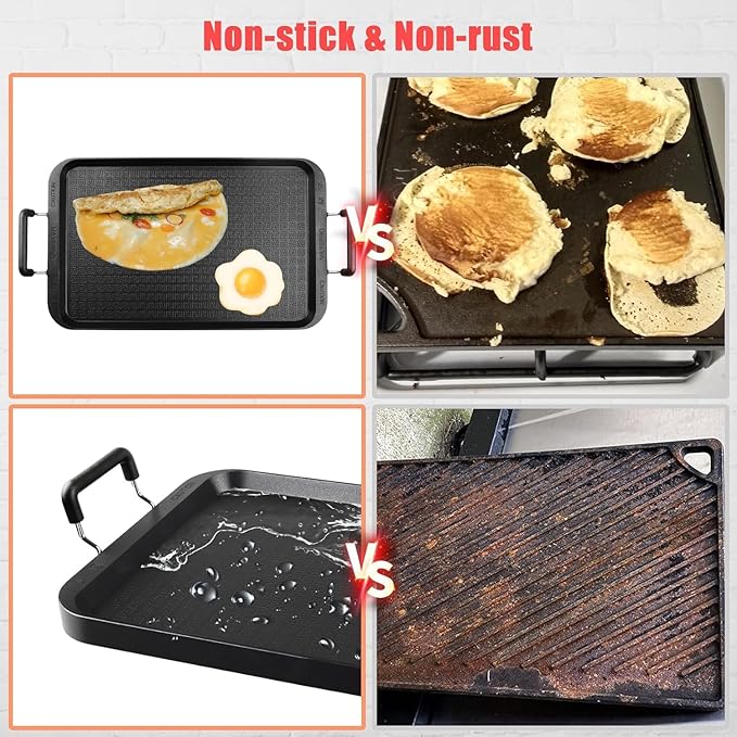 Vayepro Stove Top Flat Griddle, 17 Inch 2 Burner Griddle Pan for Stove Top Grill, Aluminum Pancake pan, Non-Stick Charcoal Grill For Outdoor/Camping