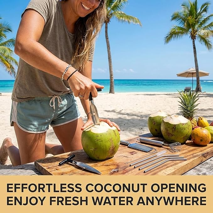 Coconut Opener Tool, 8-Piece Coconut Cutter Set with Stainless Steel Openers and Grater for Easy Coconut Preparation, Includes 4 Straws and Cleaning Brush for Complete Coconut Experience