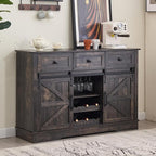 Farmhouse Bar Cabinet with Wine Rack 54" Coffee Buffet Cabinet with Sliding Barn Doors, Adjustable Shelves Rustic Buffets & Sideboards with 3 Drawers for Dining Room/Kitchen, Black