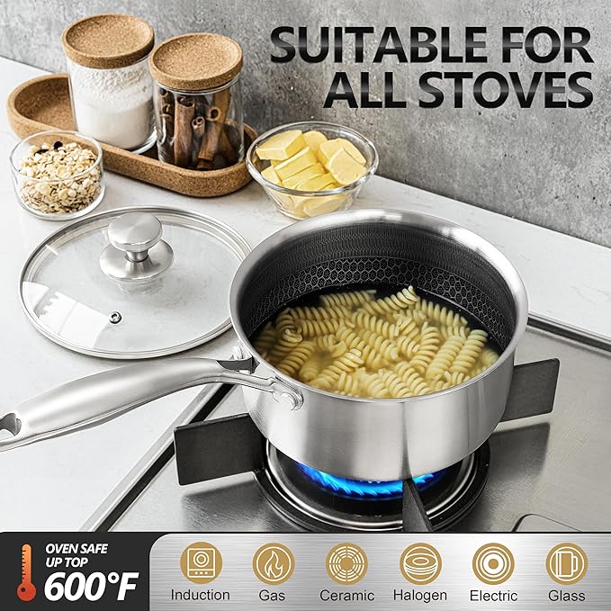 MICHELANGELO Triply Stainless Steel Pot Set, Hybrid Nonstick Saucepan Set with Lids, Induction Compatible Heavy Duty Sauce Pan 1QT & 2QT & 3QT, Honeycomb Interior, Dishwasher Safe Cookware - 6 Piece