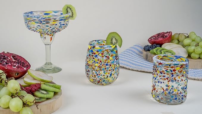Confetti Dots Hand Blown Tumbler Glasses - 100% Recycled Mexican Glassware - Artisan Crafted Drinking Glasses for Cocktails, Wine, Tequila, or Water - Set of 6 (10 oz)