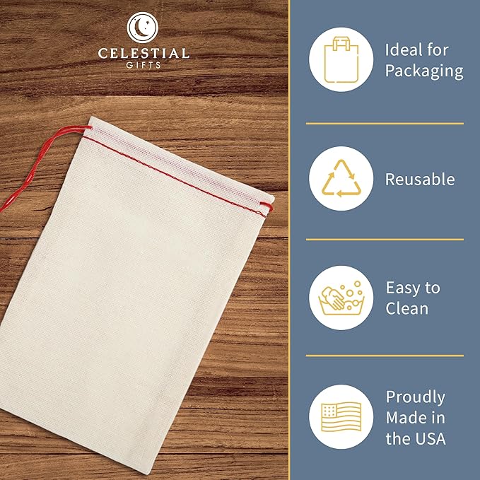 Celestial Gifts Muslin Bags - 100% Cotton Drawstring Bags Medium 100pcs, 5x7, Reusable Tea, Coffee, Jewelry, Gift, Spice Pouch and Sachet Bag - Made in USA - (Red Hem and Drawstring)