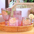 abrwyy Pink Glassware set of 4, Vintage Drinking Glasses, 10oz Pink Heavy Duty Glass Cups, Old Fashioned Glass, Embossed Glasses Set for Party Wedding Home Office Glassesware Gift