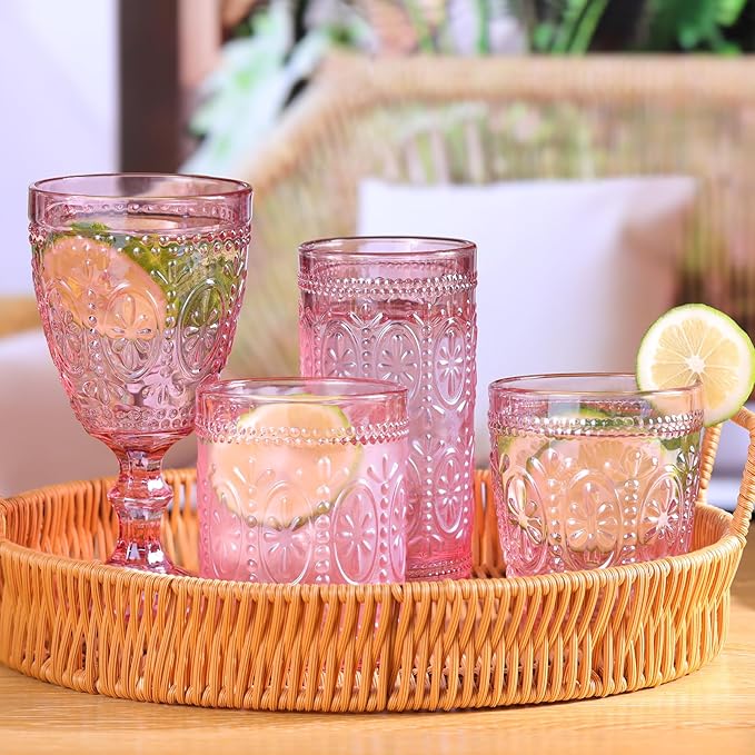 abrwyy Pink Glassware set of 4, Vintage Drinking Glasses, 10oz Pink Heavy Duty Glass Cups, Old Fashioned Glass, Embossed Glasses Set for Party Wedding Home Office Glassesware Gift