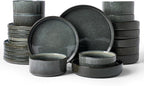 Famiware Star 24-Piece Stoneware Dinnerware Sets, Service for 6 - Shallow Pasta Bowls & Flat Plates, Modern Rustic Reactive Glaze Dishes, Chip/Scratch Resistant, Microwave/Dishwasher Safe, Deep Forest