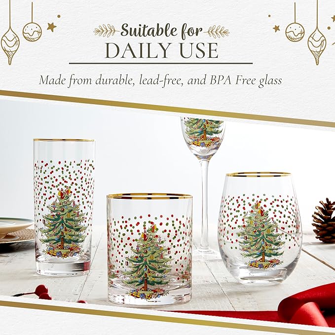 Spode Christmas Tree 14 Fl. Oz. Double Old Fashion Glass (Set of 4), Polka Dot - Whiskey & Bourbon Glasses for Festive Entertaining, Old-Fashioned & Rocks Glasses for Holiday Drinks