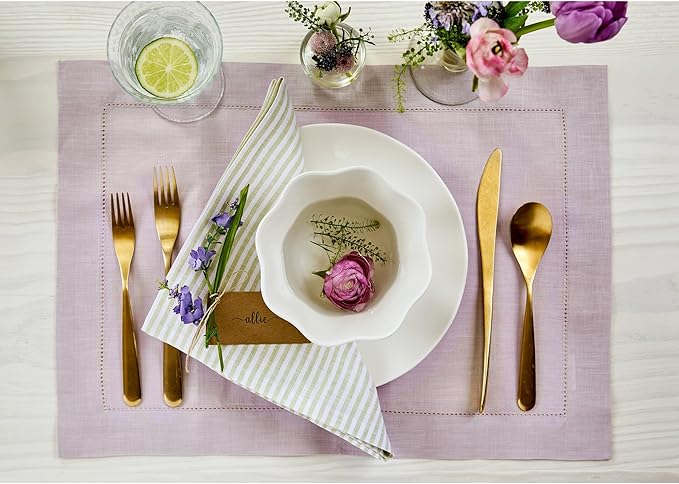 Solino Home Linen Placemats Set of 4 - Classic Hemstitch Lilac Placemats 14 x 19 Inch - 100% Pure Linen Table Mats for Valentines