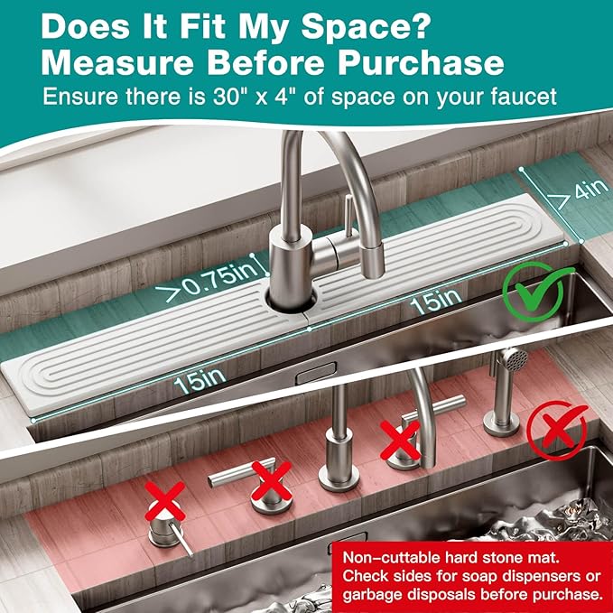 DK177 Faucet Mat for Kitchen Sink - Water Absorbing Stone Tray for Sink, Diatomite Fast-Drying Faucet Mat, Faucet Splash Guard for Bathroom Counter (White, 30" x 4")