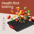 BAKKENMASTER Baking Set – 6 Piece Kitchen Oven Bakeware Set – Deluxe Non-Stick Black Coating Inside and Outside – Carbon Steel – Red Silicone Handles – PFOA PFOS and PTFE Free by Bakken