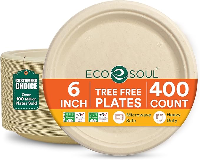 ECO SOUL Compostable Paper Plates 6 Inch (400 Count) Plates for Christmas Dessert, Heavy Duty, Eco-Friendly Sugarcane Bagasse Small Plates For Appetizer- Natural Brown