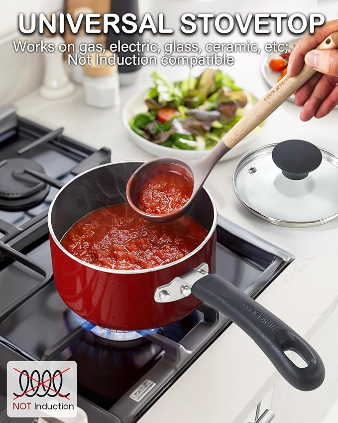 Cook N Home Non Stick Sauce Pan, 3 Quarts Saucepan with Glass Lid, Nonstick Small Multi-purpose Pot, Milk Chocolate Aluminum Cooking Pot Pan with Stay-Cool Handle, Marble Red