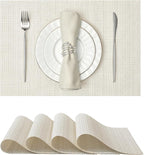Leetaltree Luxury White and Silver Woven Placemats Set of 4 - Waterproof Washable Textured Table Mats for Wedding, Anniversary, Daily Use - Sparkling Metallic Thread Table Decor - Hand-Cut
