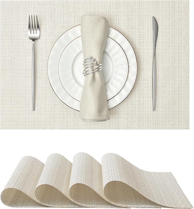 Leetaltree Luxury White and Silver Woven Placemats Set of 4 - Waterproof Washable Textured Table Mats for Wedding, Anniversary, Daily Use - Sparkling Metallic Thread Table Decor - Hand-Cut