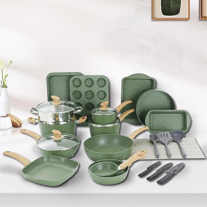 30 Piece Pots and Pans Set Non Stick, Granite Induction Cookware Sets, Nonstick Kitchen Cookware Sets, Non Toxic Cookware Set with Frying Pans and Saucepan, Kitchen Pots and Pans Set, Green