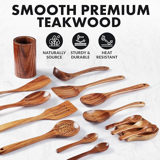 Zulay Kitchen 15-Piece Teak Wooden Utensils for Cooking - Natural Teak Utensil Set with Premium Gift Box - Non-Stick Wooden Spoons for Cooking - Kitchen Gift Set - Comfortable Grip Wooden Utensil Set