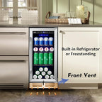 15 Inch Beverage Refrigerator - 125Cans Capacity Drink Cooler Under Counter Mini Fridge with Glass Door, Safety Lock Built-in or Freestanding Refrigerator for Soda, Beer, Wine