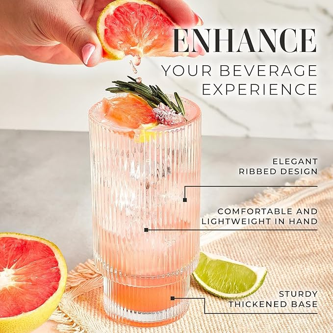 Kitchen Lux Ribbed Drinking Glasses - Ribbed Glass Cups 12 oz - Ribbed Glassware Set of 12 - Textured Vintage Retro Ripple Aesthetic Glass Ware for Whiskey Cocktail Beer Water, Coffee Bar Accessories