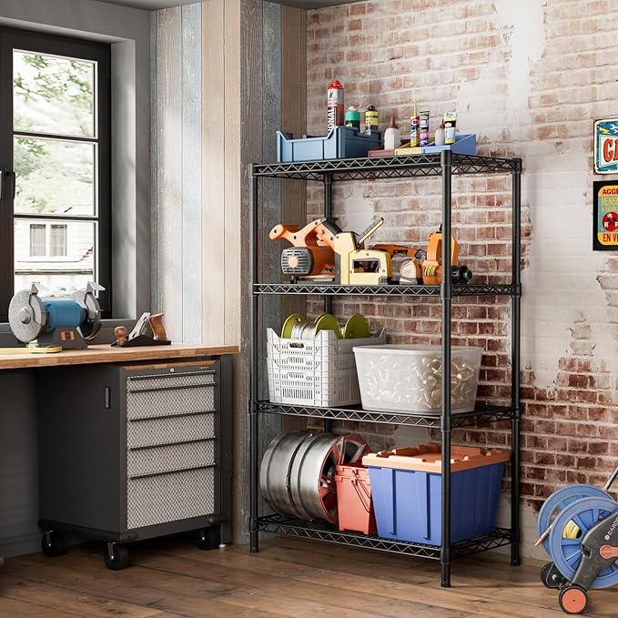SINGAYE 4 Garage Heavy Duty Shelving Unit Kitchen Pantry Close Home Organizers and Storage Bathroom Shelf Laundry Room Organization Industrial Book Metal Wire Adjustable Shelves