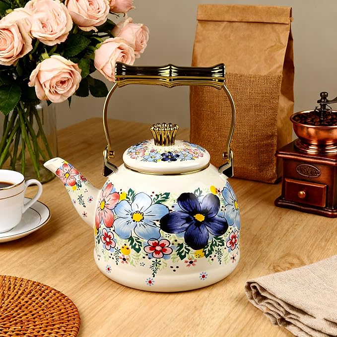 Vintage Enamel Tea Kettle, Blue Floral Pattern Stovetop Teapot with Gold Handle, 2.5L Enamel Kettle Kitchen Decor, Ideal Gift for Housewarming Camping Coffee Pot