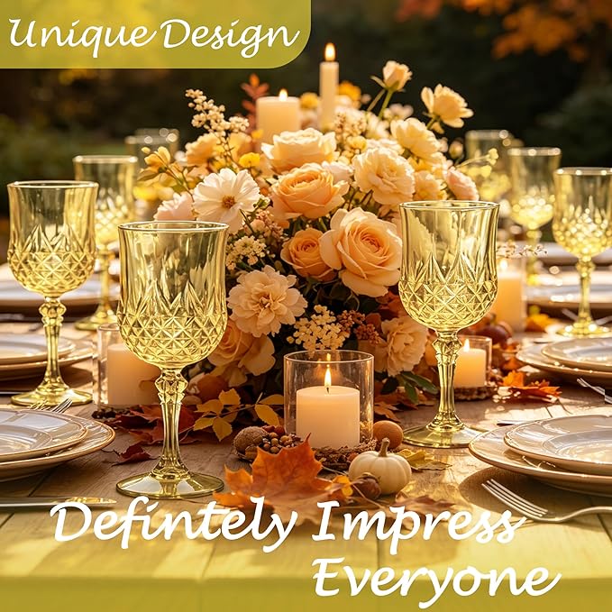 Plastic Wine Glasses, Plastic Goblets Vintage Style Cordial Unbreakable Drinking Glasses, Reusable Drinkware for Wedding Reception, Grand Event Party Supplies (12, Gold)