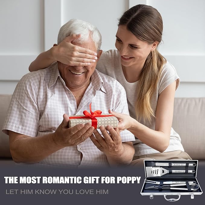 Poppy Gifts, Christmas Poppy Gifts for Grandpa from Grandkids Heavy Duty Grilling Accessories Kit for Backyard BBQ, Thick Stainless Steel Grill Utensils with Non-Slip Handle Tool for Man on Birthday