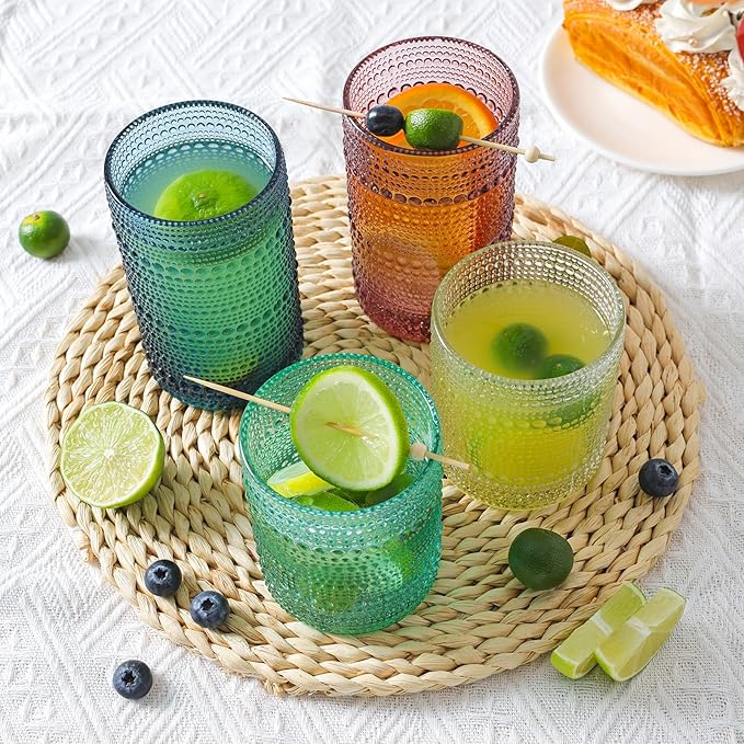 Moretoes Hobnail Drinking Glasses, 12 Piece Colorful Water Glass Cups, Mixed Vintage Glassware Set, 6pcs 12oz Highballs and 6pcs 10oz old Fashioned Glasses, Great for Cocktail, Whisky