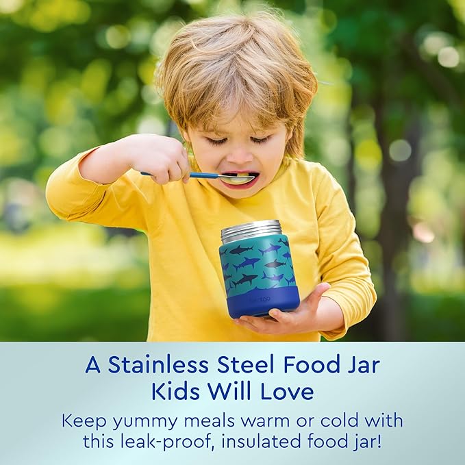Bentgo Kids Stainless Steel Food Jar - 11oz Leak-Proof Double Insulated Hot or Cold Food Container with Removable Silicone Bumper, Dishwasher Safe, Easy Open Lid, Ages 3+ (Shark)