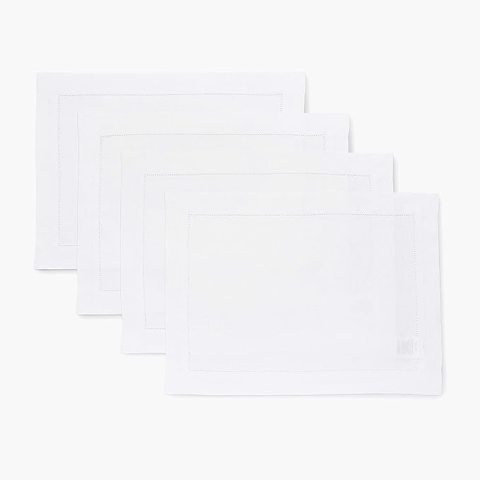 Solino Home Linen Placemats Set of 4 - Classic Hemstitch White Placemats 14 x 19 Inch - 100% Pure Linen Table Mats for Winter, Valentines, Holiday, New Year
