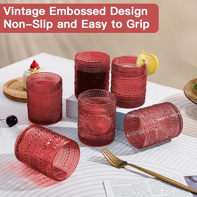 JOVGANK Red Vintage Hobnail Drinking Glasses Set of 6, Embossed Water Tumbler 12oz, Kitchen & Bar Beaded Glass Cups, Beverage Glass Cups for Water, Beer, Juice, Housewarming and Mother's Day Gift