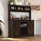 4ever2buy Farmhouse Coffee Bar Cabinet with Storage, 47” Wine Bar with Sliding Barn Doors and 3 Storage Hutch, Hutch Cabinet with 6 Hooks & 9 Wine Racks for Dining Room, Kitchen, Dark Oak