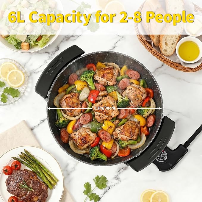 Food Party Electric Skillet with Lid Frying Pan 12 inch 6L Hot Pot Electric Pan for Cooking 110V 1100W Non-Stick PFOA FREE Hotpot