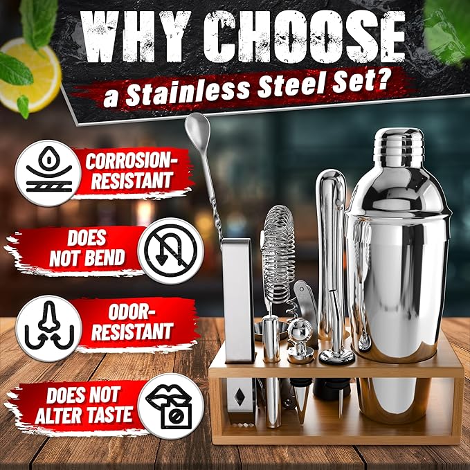 Cocktail Shaker Set of 10 – Stainless Steel Mixology Bartender Kit with 10 Accessories, Easy to Clean Bar Tool Set | Wooden Organizer for Home Bar Setup, Great Gift for Cocktail & Drink Enthusiasts