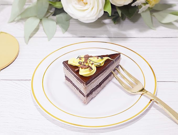 bUCLA 100Pieces Gold Plastic Plates - 6.25inch White with Gold Rim Disposable Salad/Dessert/Appetizer/Small Cake Plates Premium Hard - Ideal for Wedding, Party & Thanksgiving