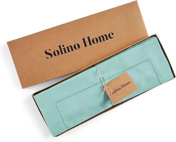 Solino Home Cotton Linen Placemats Set of 4 - Hemstitch Pastel Turquoise Placemats 14 x 19 Inch - Machine Washable Table Mats