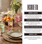 Khen Ribbed Textured Glassware | 8 Piece Set with 4 Highball 12.85oz and Lowball 9.13oz Tumblers Durable Reusable Water Juice Soda Iced Coffee Cocktail Lemonade Cups Dishwasher Safe