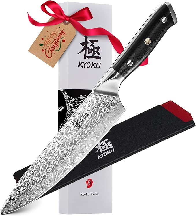 KYOKU Chef Knife - 8"- Shogun Series Japanese Style VG10 Steel Core Hammered Damascus Blade Kitchen Knife - with Sheath & Case
